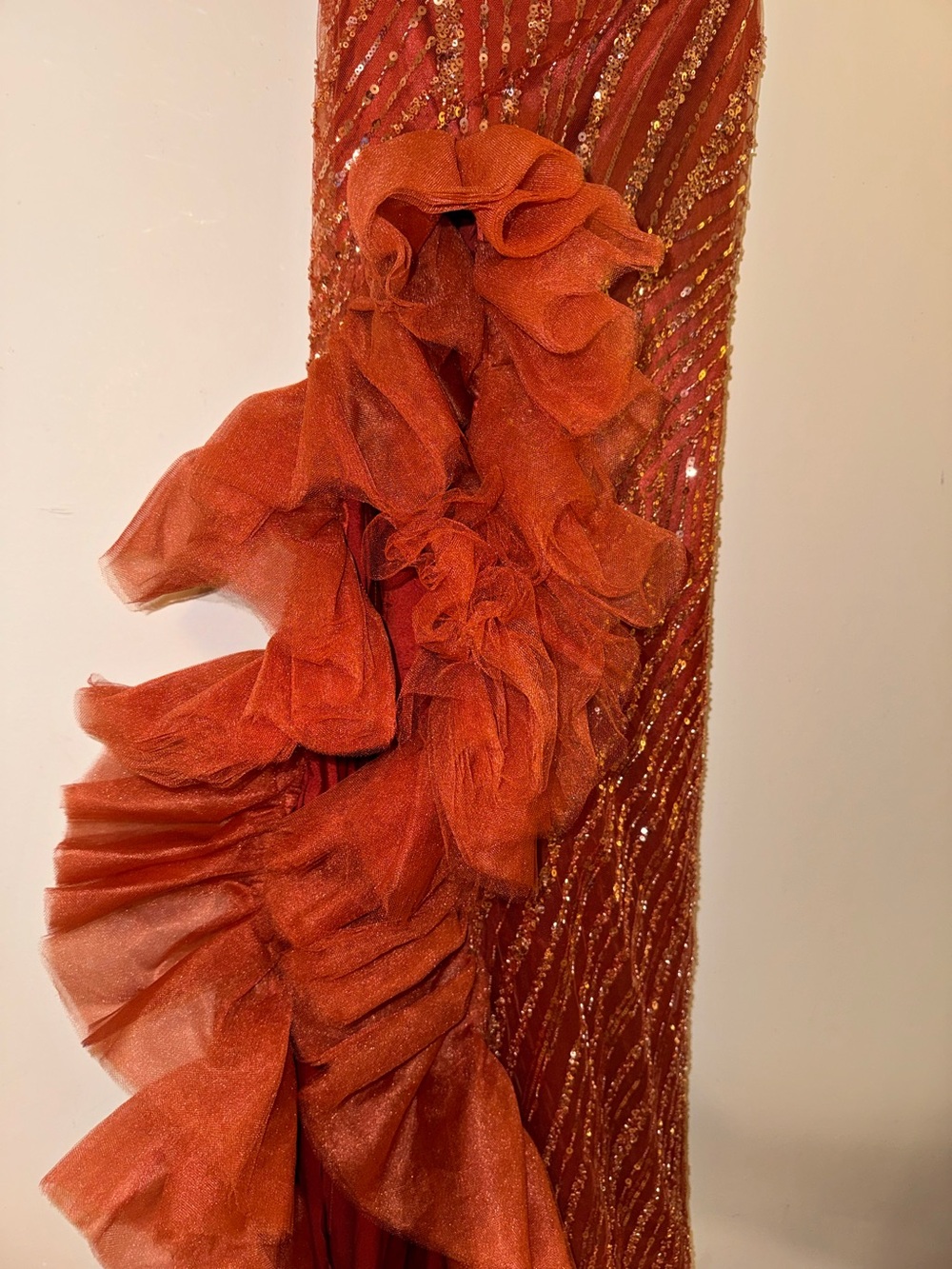 Rust Ruffle-Seam Sequined Prom Gown - Picture 3 of 11